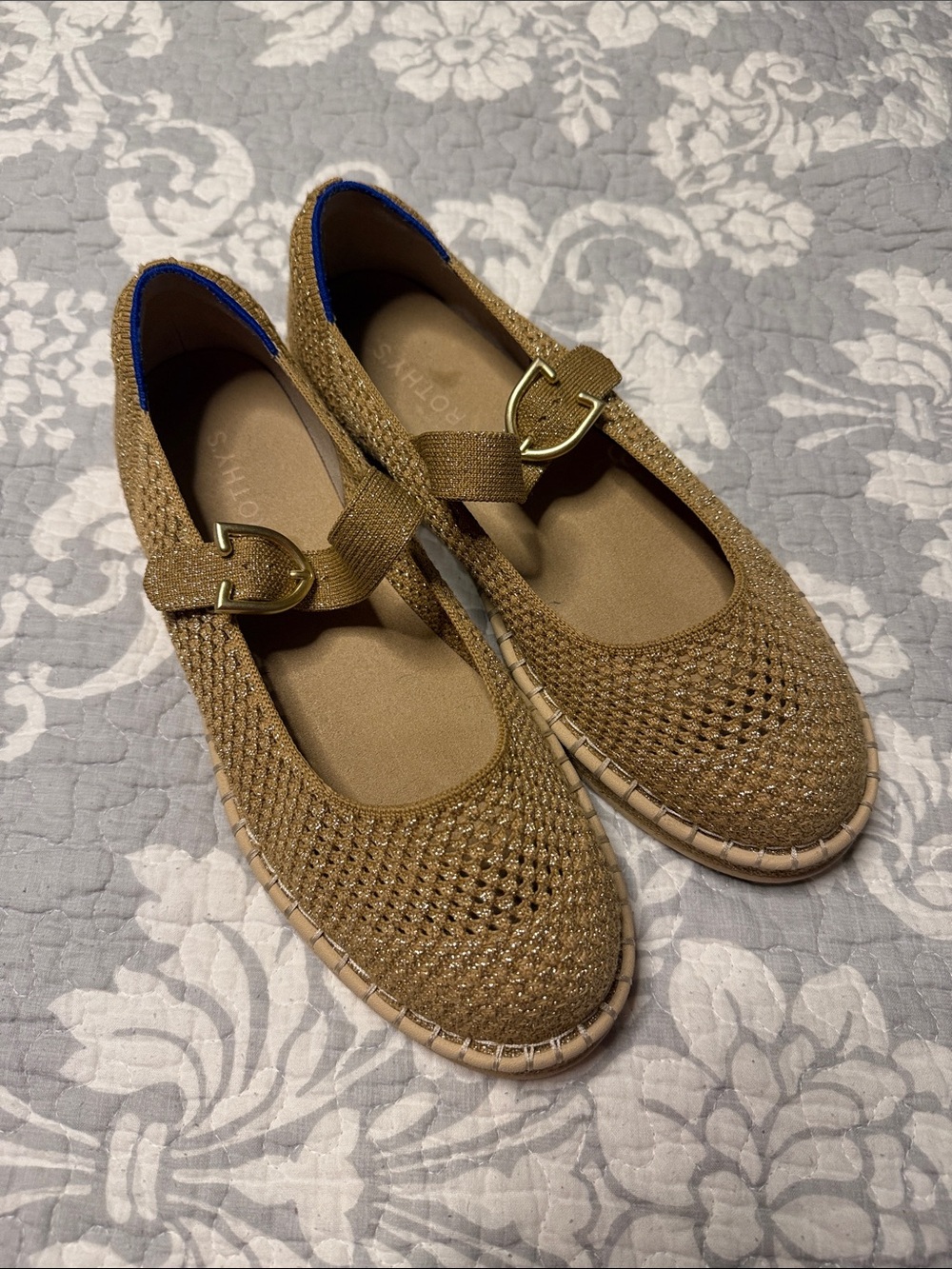 Rothy's Woven Mary Jane Flats in Tan with Gold Buckle